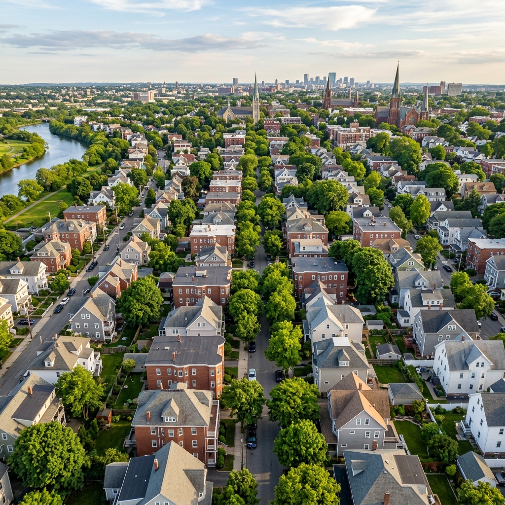 Aerial view of residential neighborhood with tree-lined streets and multifamily housing near Medford, Massachusetts